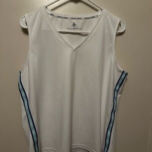 Tuckernuck Sport White V-Neck Top with Blue Stripes